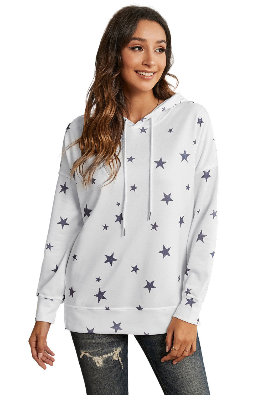 A stylish white hoodie featuring a star print design and side slits, perfect for casual wear.