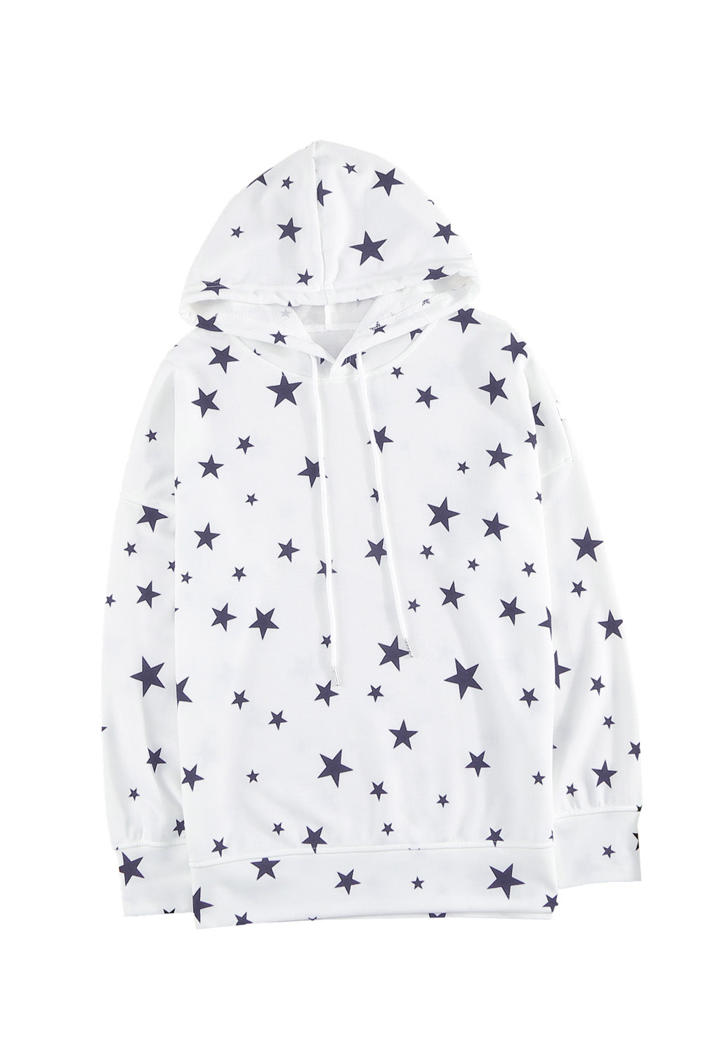 A stylish white hoodie featuring a star print design and side slits, perfect for casual wear.