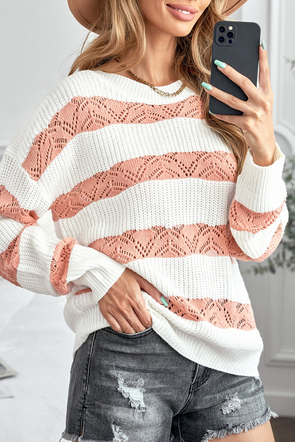 A stylish White Striped Colorblock Knit Sweater featuring a modern design with soft fabric, perfect for casual wear.