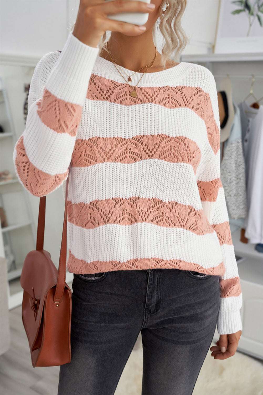 A stylish White Striped Colorblock Knit Sweater featuring a modern design with soft fabric, perfect for casual wear.