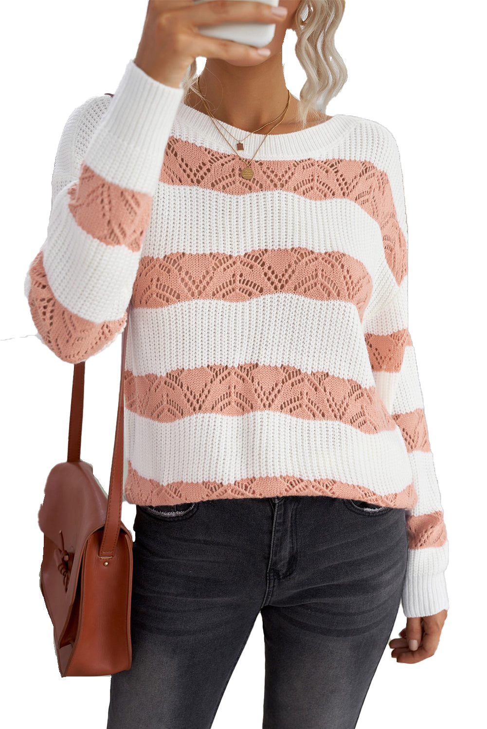 A stylish White Striped Colorblock Knit Sweater featuring a modern design with soft fabric, perfect for casual wear.