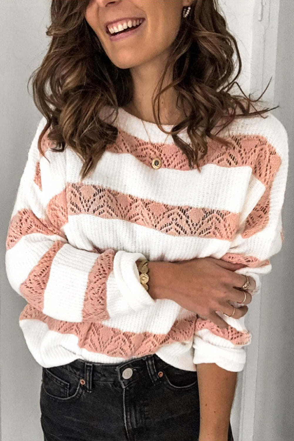 A stylish White Striped Colorblock Knit Sweater featuring a modern design with soft fabric, perfect for casual wear.