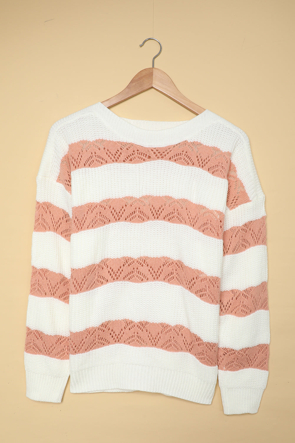 A stylish White Striped Colorblock Knit Sweater featuring a modern design with soft fabric, perfect for casual wear.