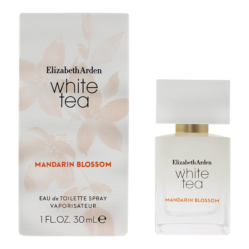 A bottle of Elizabeth Arden White Tea Mandarin Blossom Eau de Toilette, featuring a sleek design with soft pastel colors.