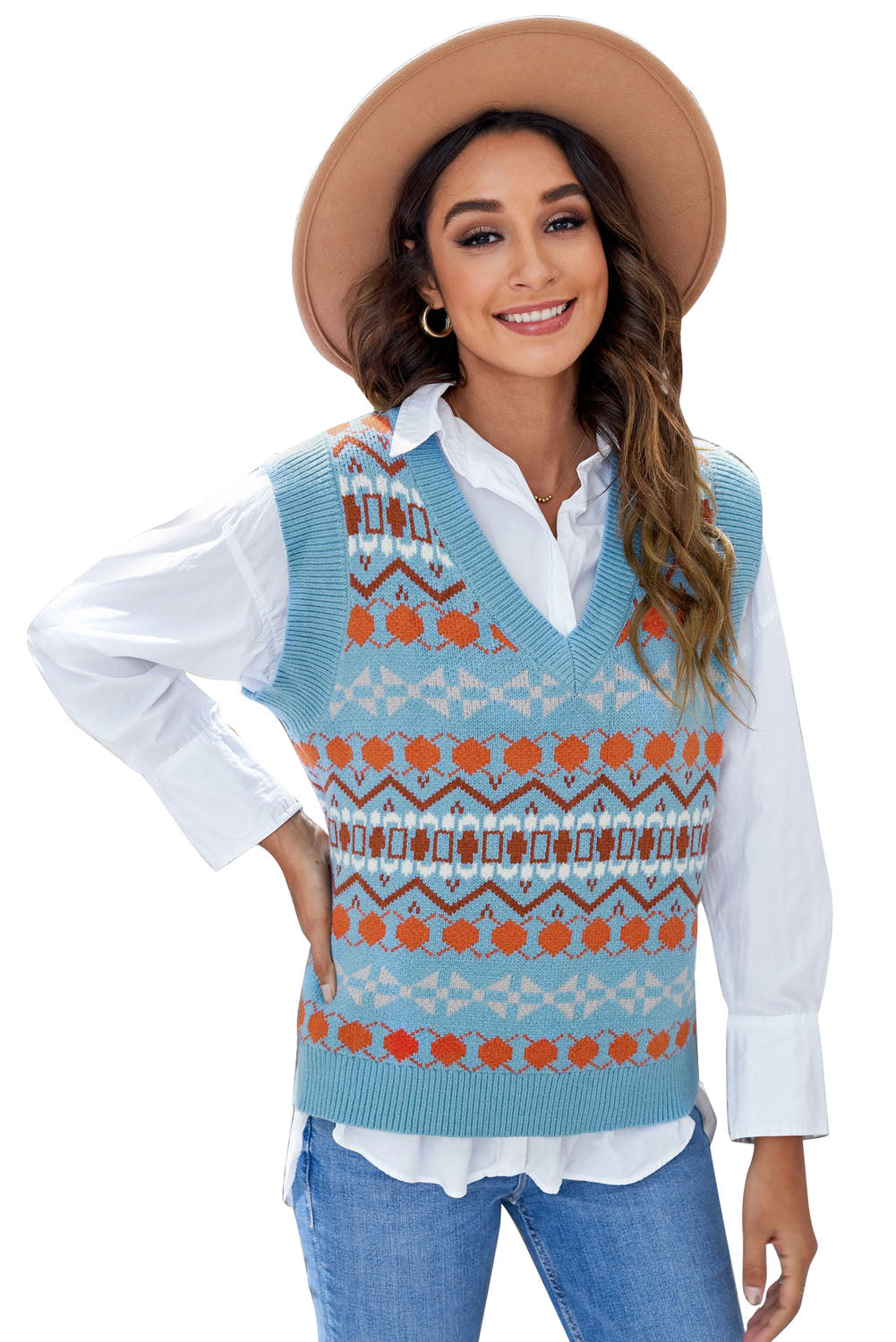 A stylish white knitted sweater vest featuring a unique tribal print design, perfect for layering during colder months.