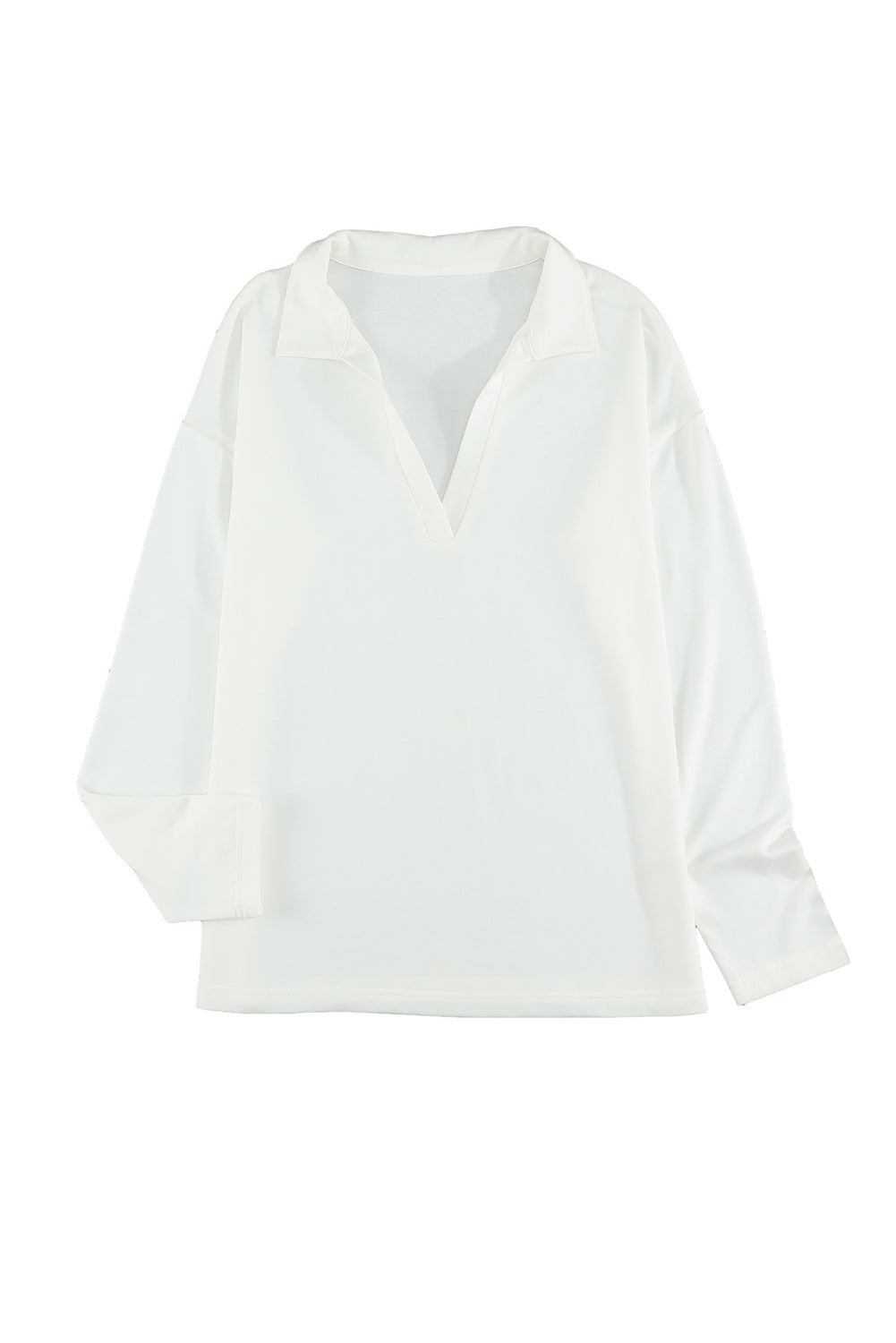 A stylish white turn-down V neck long sleeve top displayed on a mannequin, showcasing its elegant design and comfortable fabric.