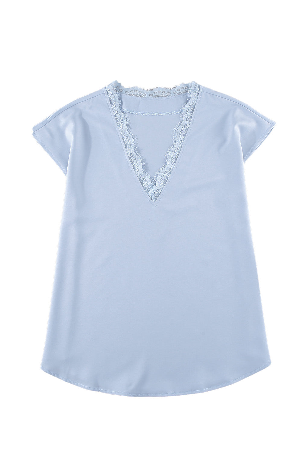 A stylish white V neck t-shirt featuring a delicate lace trim, showcasing its relaxed fit and elegant design.