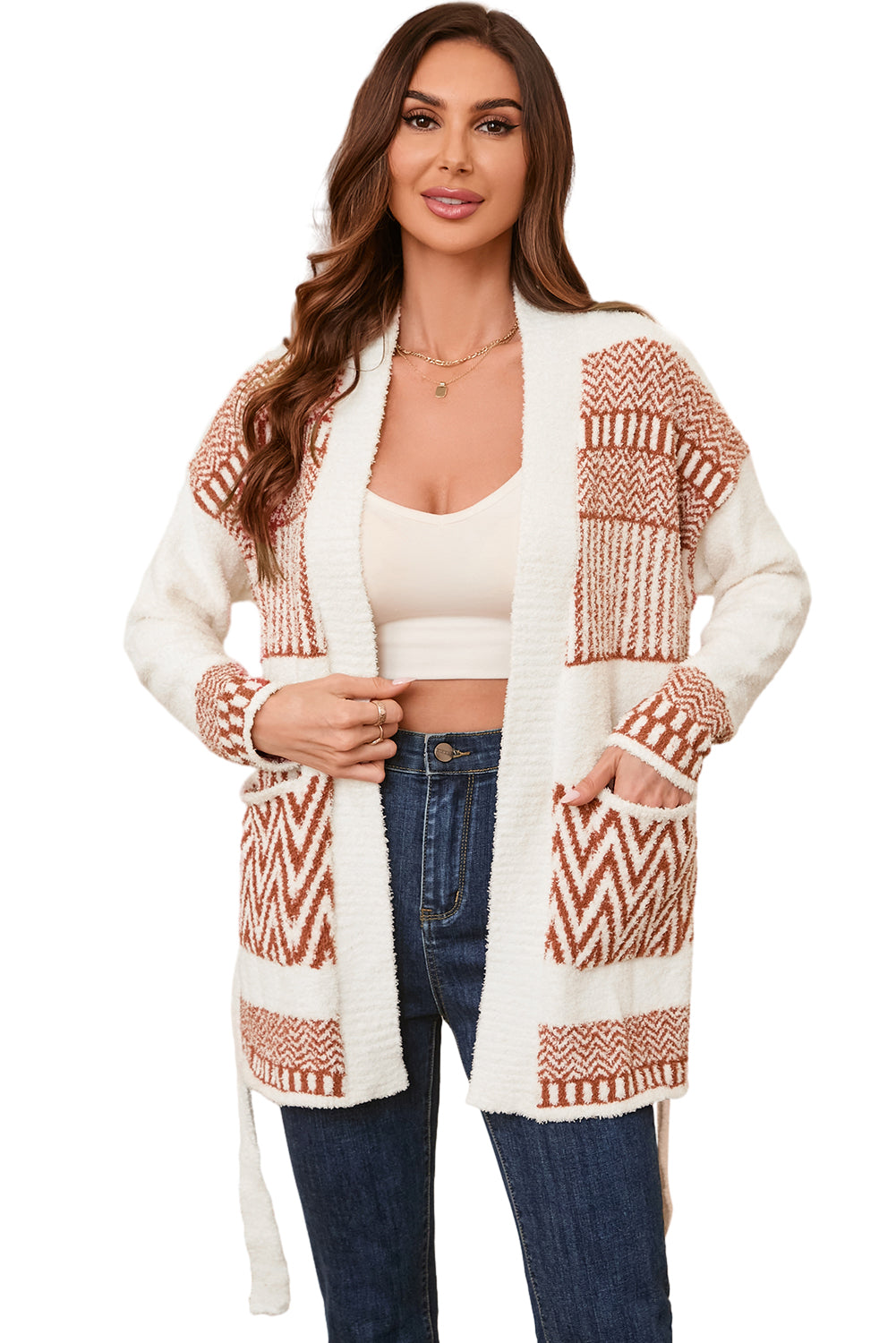 A stylish White Western Aztec Belted Cardigan featuring intricate Aztec patterns, perfect for layering and adding a boho chic touch to outfits.