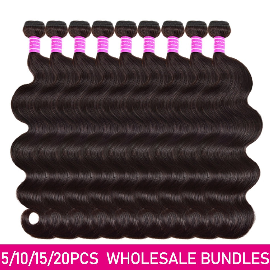 Wholesale Brazilian Body Wave hair bundles in various sizes, showcasing the natural texture and quality of 10A Grade human hair.