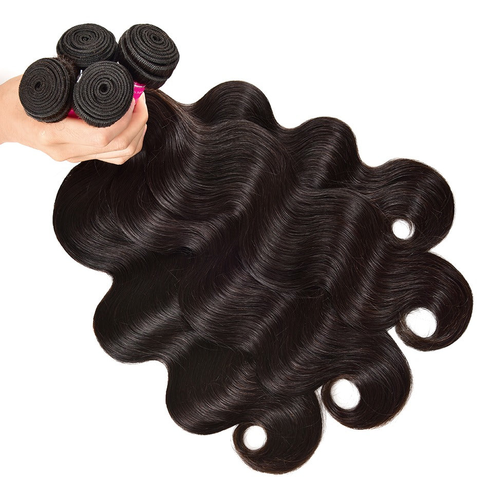 Wholesale Brazilian Body Wave hair bundles in various sizes, showcasing the natural texture and quality of 10A Grade human hair.