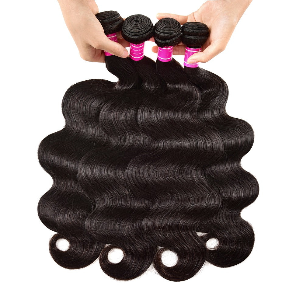 Wholesale Brazilian Body Wave hair bundles in various sizes, showcasing the natural texture and quality of 10A Grade human hair.