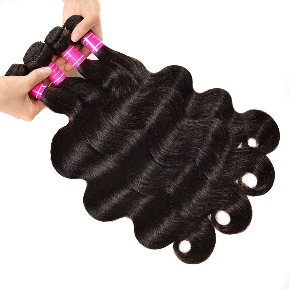 Wholesale Brazilian Body Wave hair bundles in various sizes, showcasing the natural texture and quality of 10A Grade human hair.