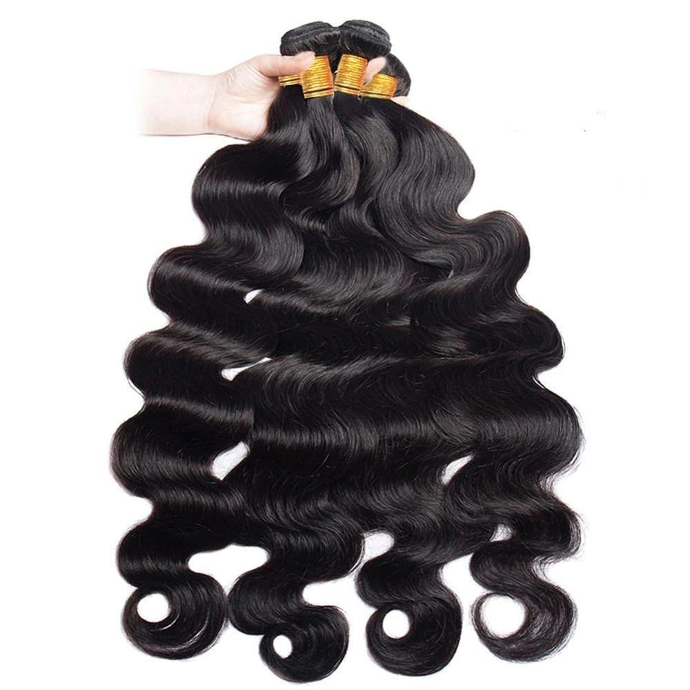 Wholesale Brazilian Body Wave hair bundles in various sizes, showcasing the natural texture and quality of 10A Grade human hair.