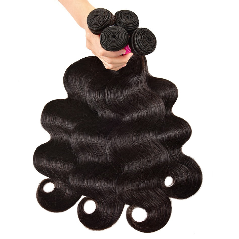 Wholesale Brazilian Body Wave hair bundles in various sizes, showcasing the natural texture and quality of 10A Grade human hair.