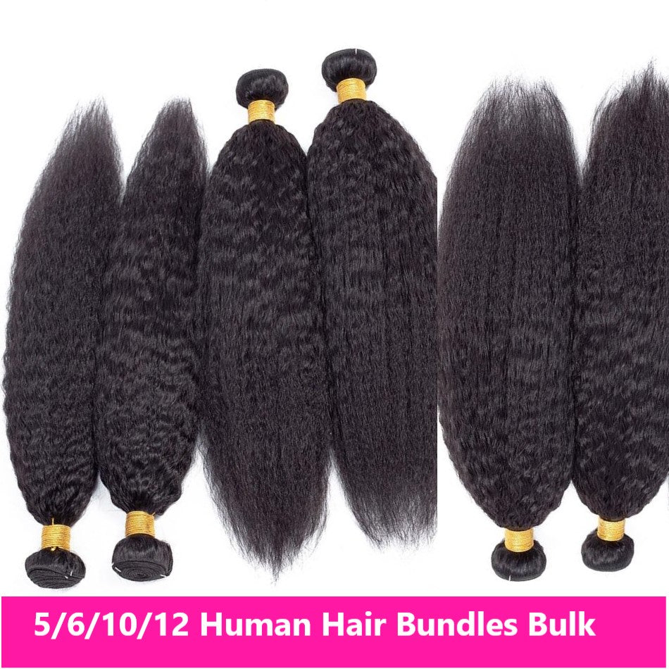 Wholesale Brazilian Kinky Straight Hair Bundles in various sizes, showcasing the natural texture and quality of 10A grade human hair.