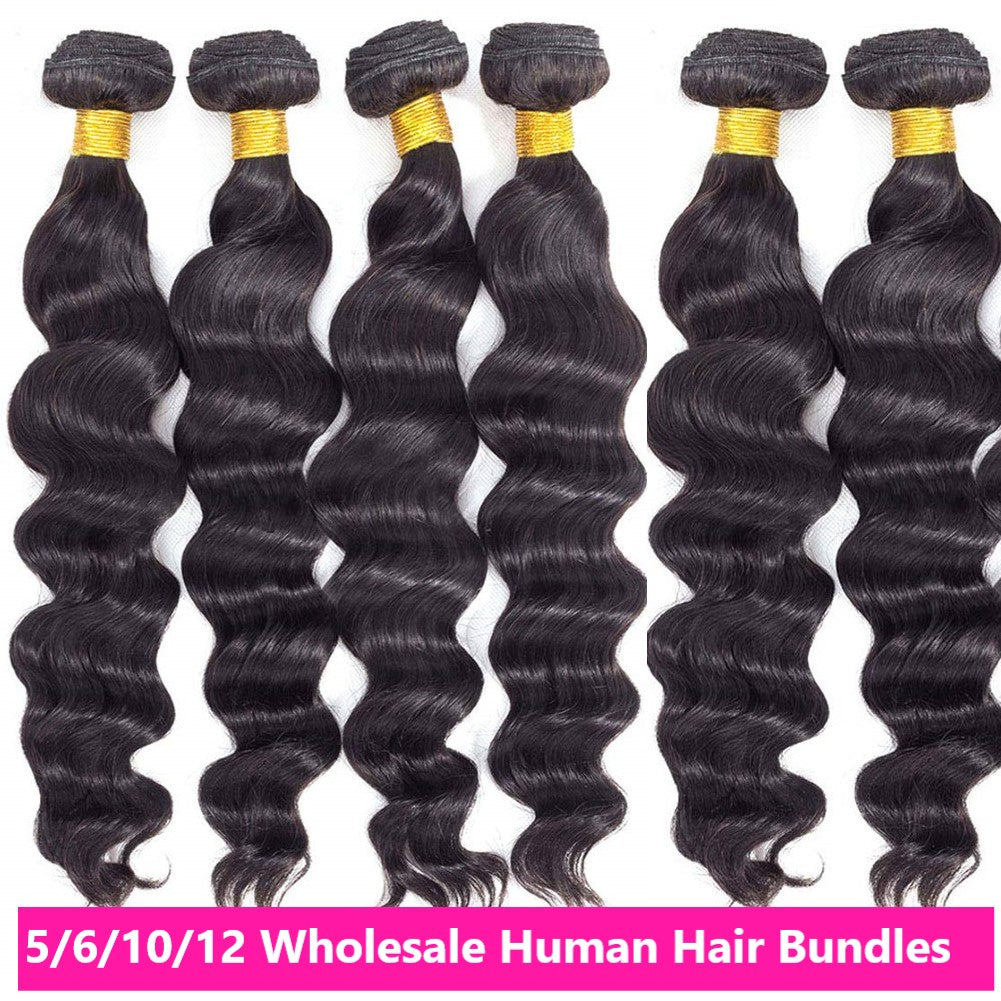 Wholesale Brazilian Loose Body Wave hair bundles in various sizes, showcasing the natural texture and quality of 10A grade human hair.