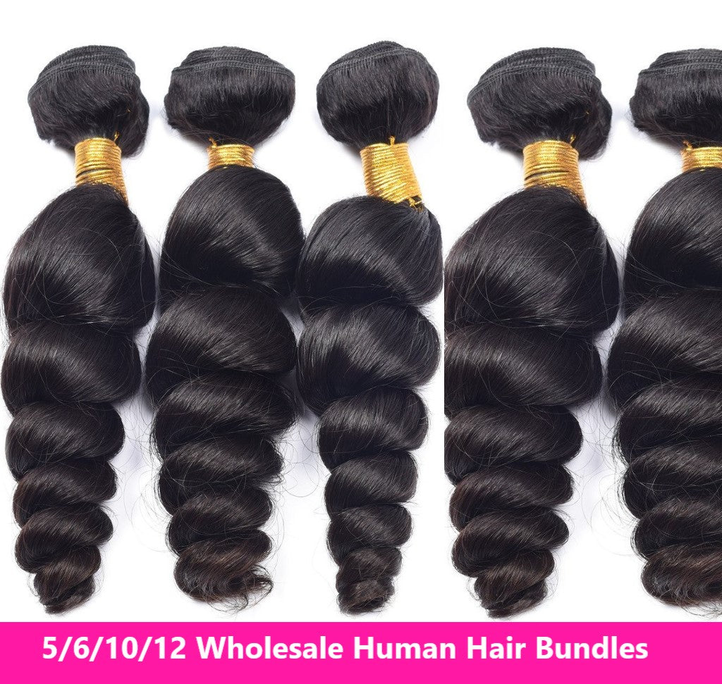 Wholesale Brazilian Loose Wave hair bundles in various lengths, showcasing the natural texture and quality of 10A Grade human hair.