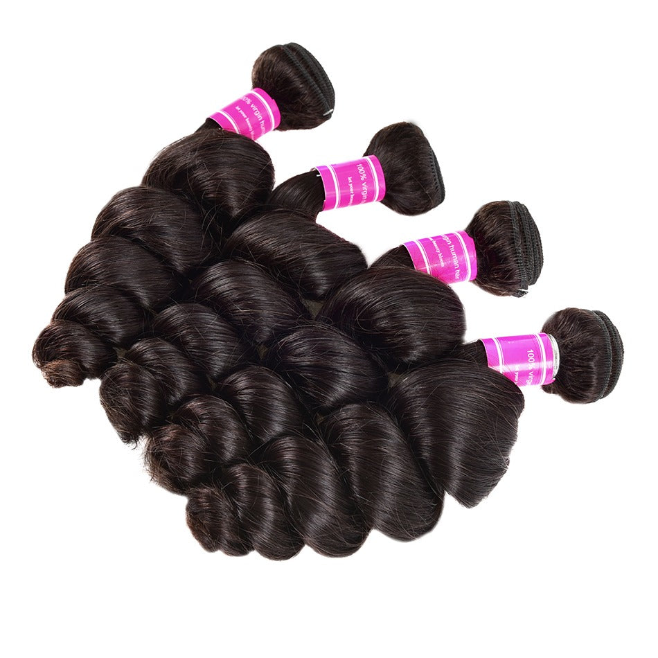 Wholesale Brazilian Loose Wave hair bundles in various lengths, showcasing the natural texture and quality of 10A Grade human hair.