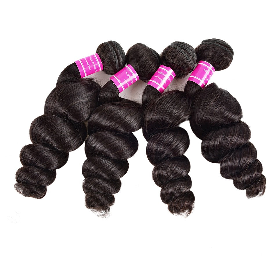 Wholesale Brazilian Loose Wave hair bundles in various lengths, showcasing the natural texture and quality of 10A Grade human hair.