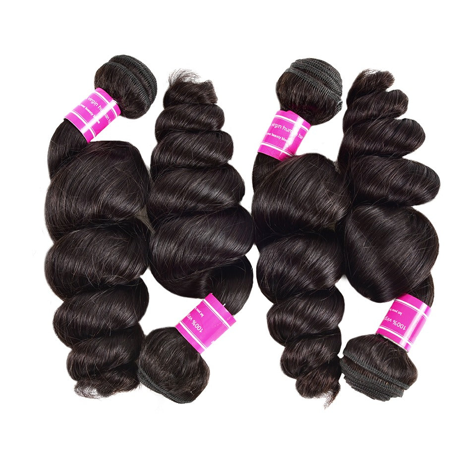 Wholesale Brazilian Loose Wave hair bundles in various lengths, showcasing the natural texture and quality of 10A Grade human hair.