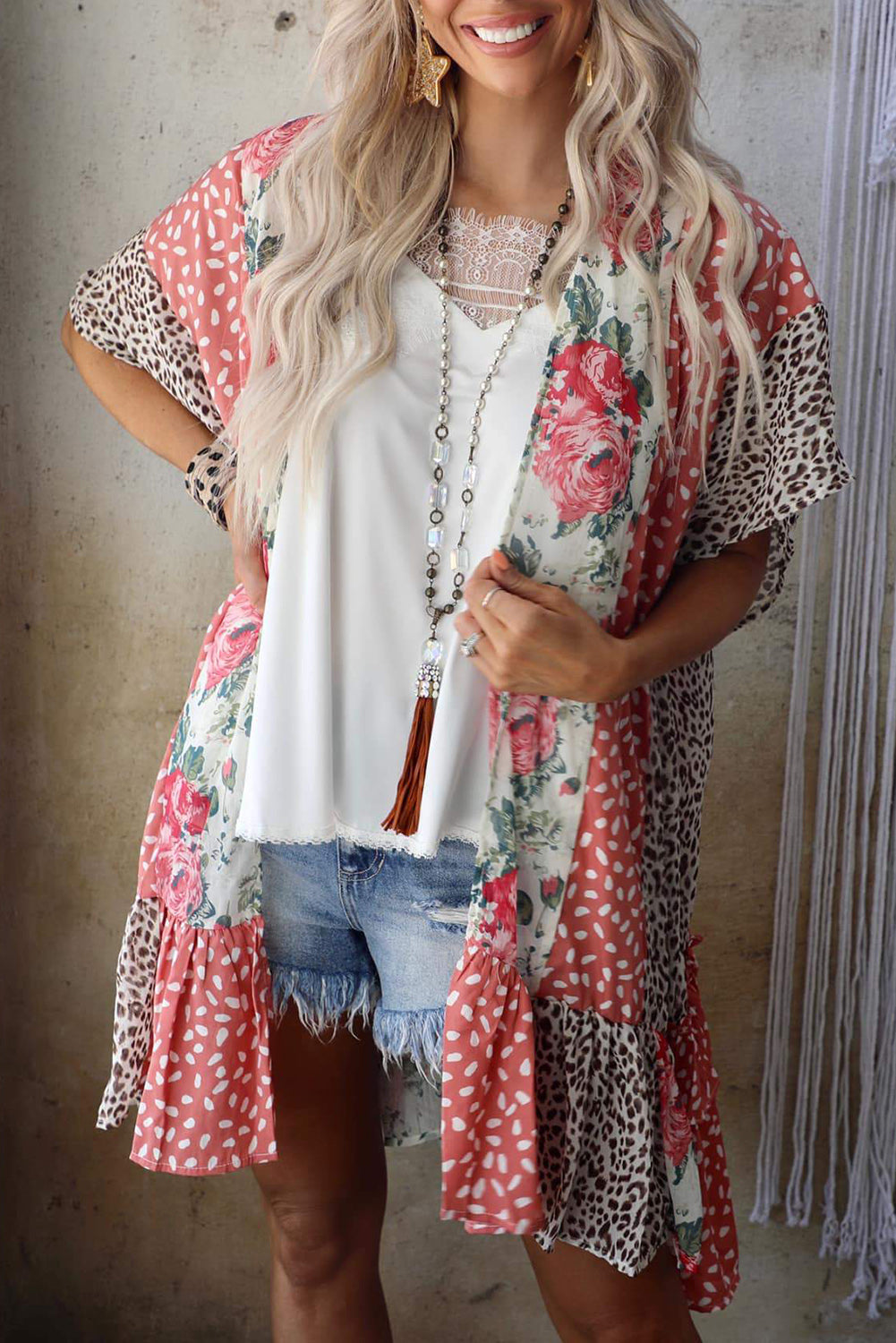 Wild Rose Floral Animal Print Kimono featuring vibrant rose and leopard patterns, open front design, and dolman sleeves.