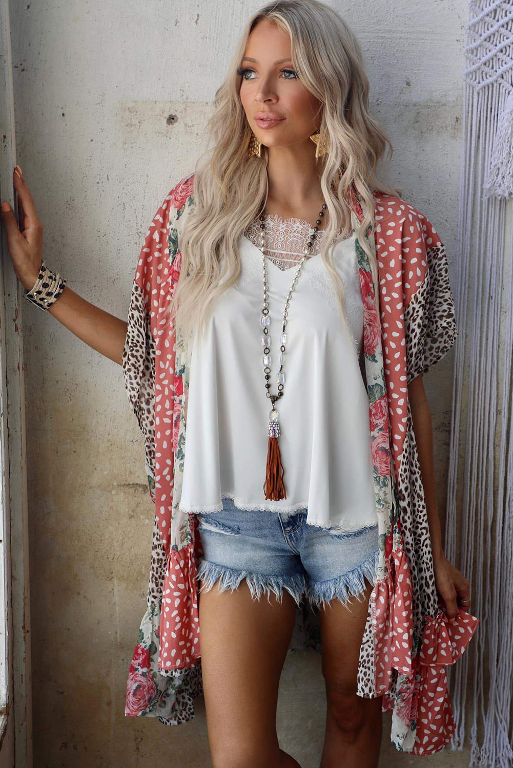 Wild Rose Floral Animal Print Kimono featuring vibrant rose and leopard patterns, open front design, and dolman sleeves.