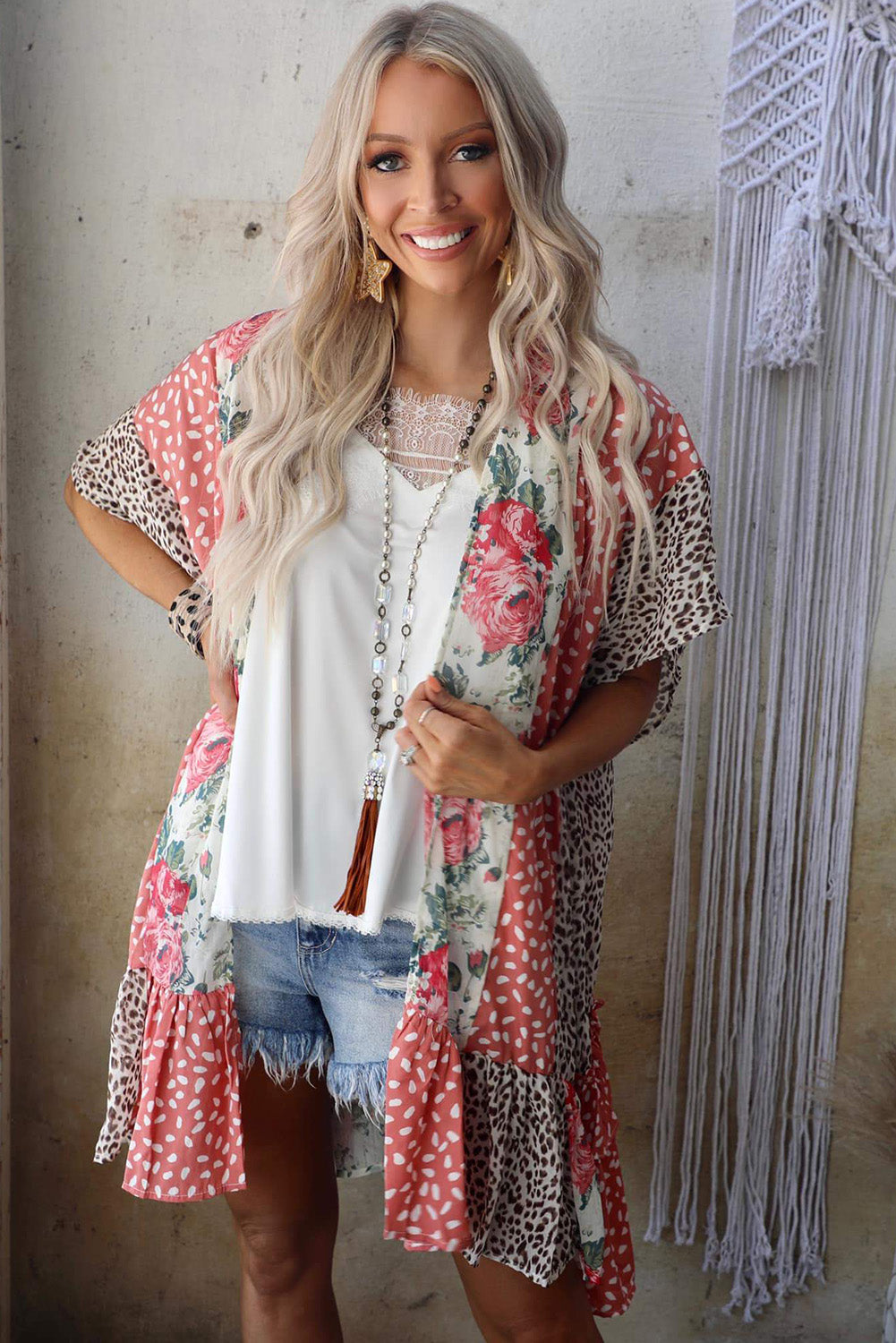 Wild Rose Floral Animal Print Kimono featuring vibrant rose and leopard patterns, open front design, and dolman sleeves.