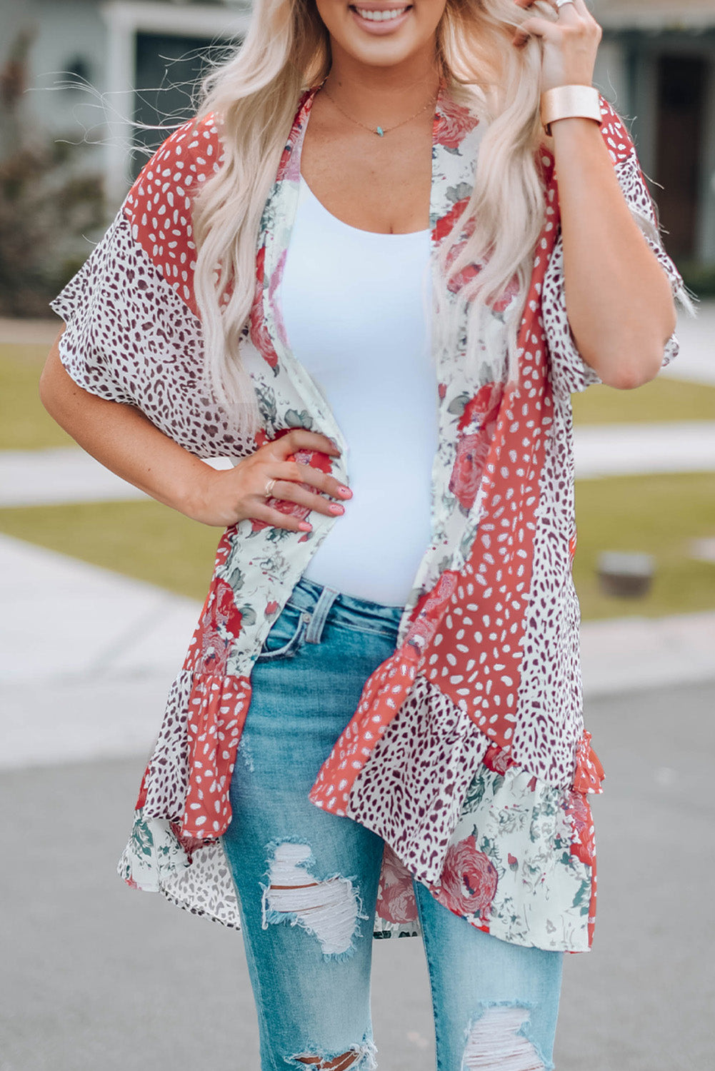 Wild Rose Floral Animal Print Kimono featuring vibrant rose and leopard patterns, open front design, and dolman sleeves.