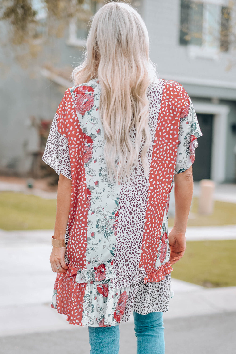 Wild Rose Floral Animal Print Kimono featuring vibrant rose and leopard patterns, open front design, and dolman sleeves.