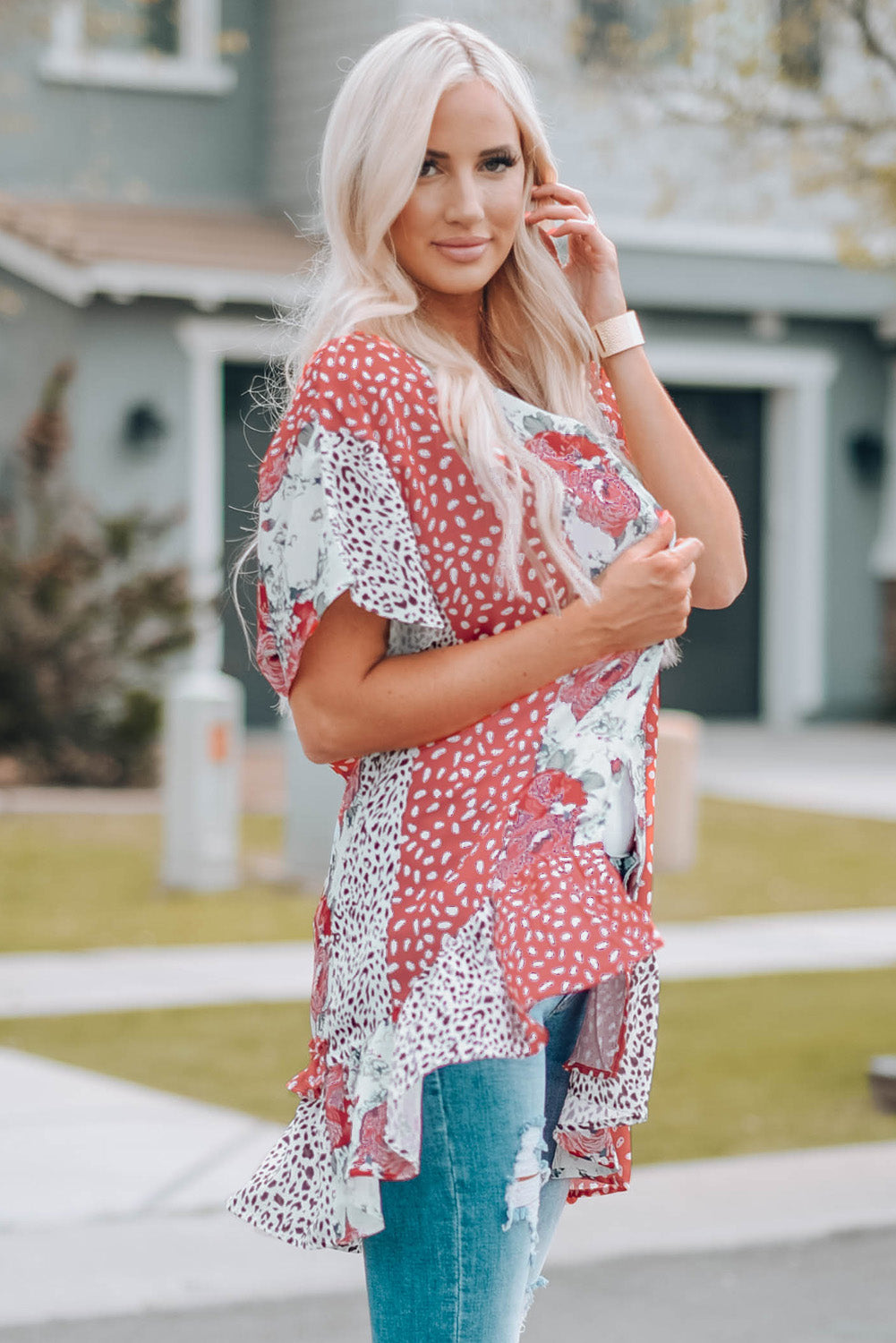 Wild Rose Floral Animal Print Kimono featuring vibrant rose and leopard patterns, open front design, and dolman sleeves.