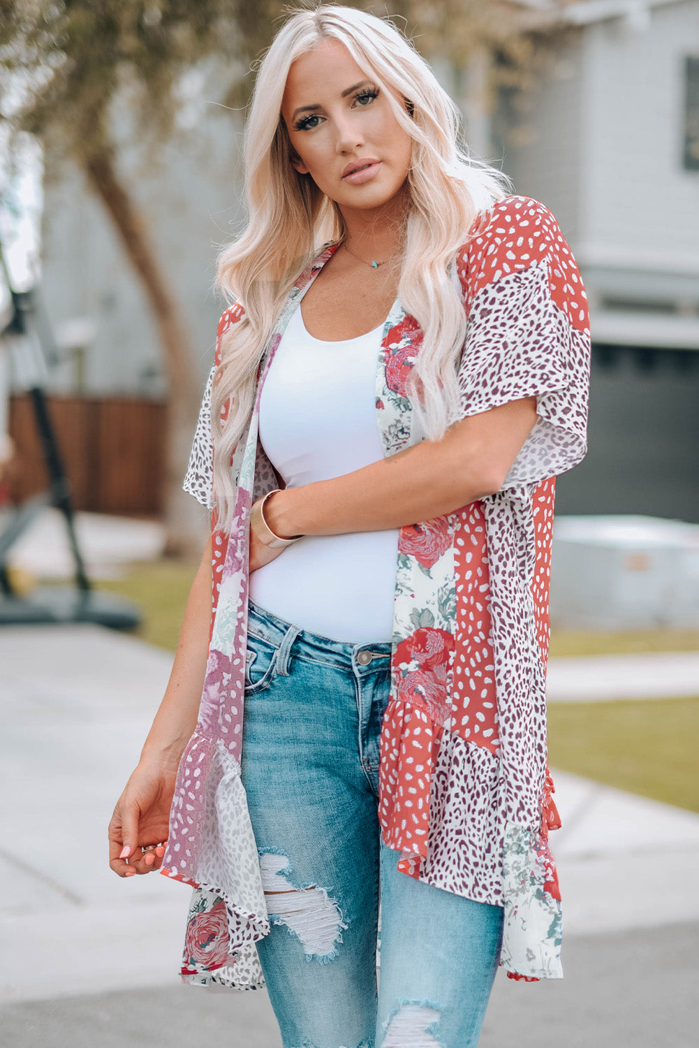 Wild Rose Floral Animal Print Kimono featuring vibrant rose and leopard patterns, open front design, and dolman sleeves.