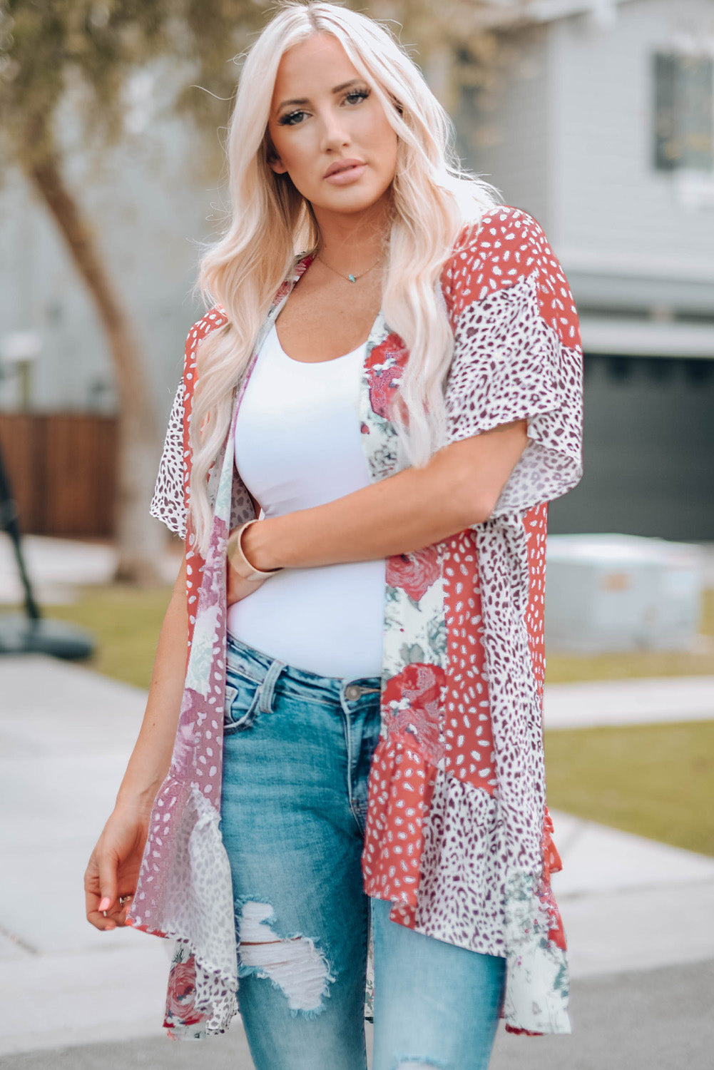 Wild Rose Floral Animal Print Kimono featuring vibrant rose and leopard patterns, open front design, and dolman sleeves.