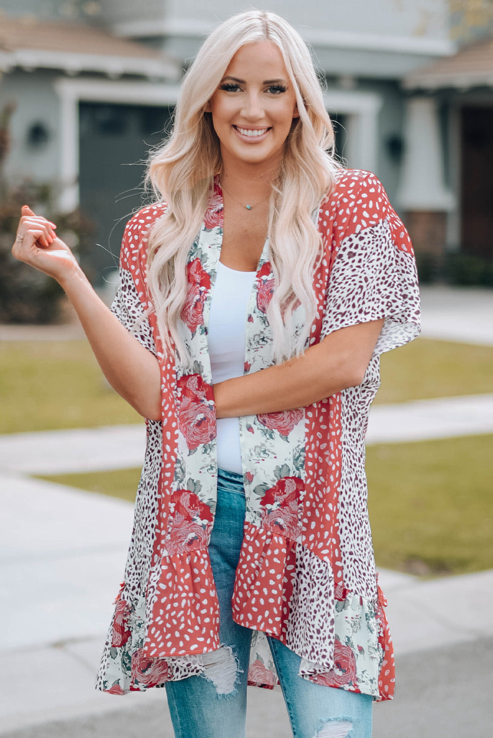 Wild Rose Floral Animal Print Kimono featuring vibrant rose and leopard patterns, open front design, and dolman sleeves.