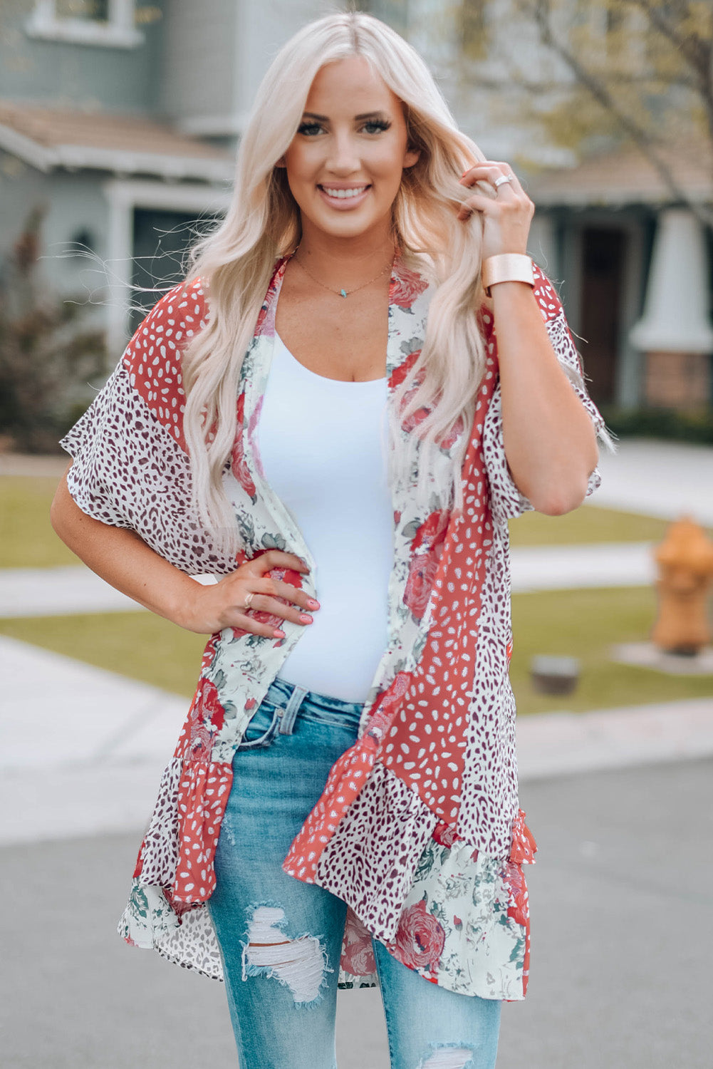 Wild Rose Floral Animal Print Kimono featuring vibrant rose and leopard patterns, open front design, and dolman sleeves.