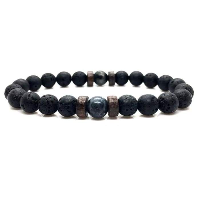 Wood and Lava Stone Essential Oil Bracelet in gray, featuring natural lava stones and wooden beads, perfect for aromatherapy.