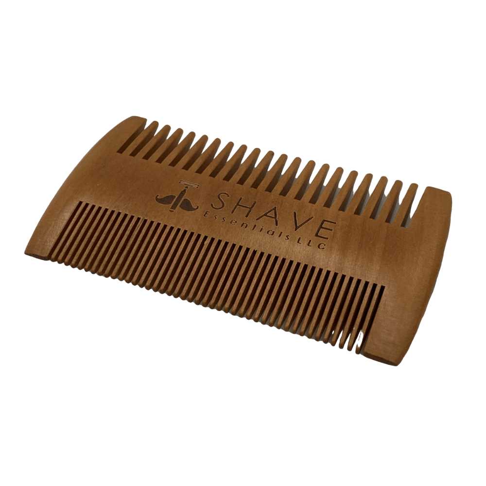 A wooden beard comb with an ergonomic design, showcasing its smooth finish and eco-friendly material, ideal for grooming beards without snagging.