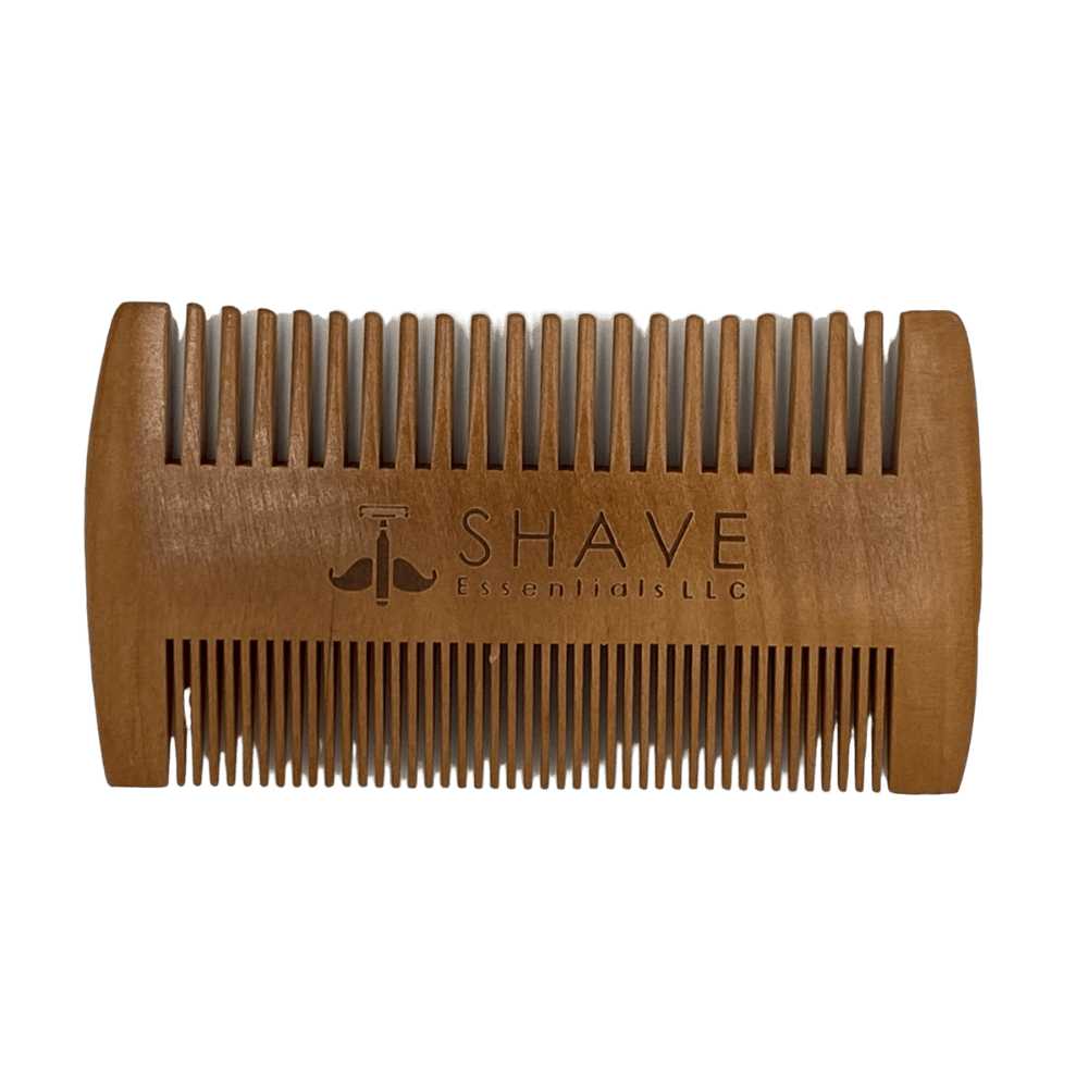 A wooden beard comb with an ergonomic design, showcasing its smooth finish and eco-friendly material, ideal for grooming beards without snagging.