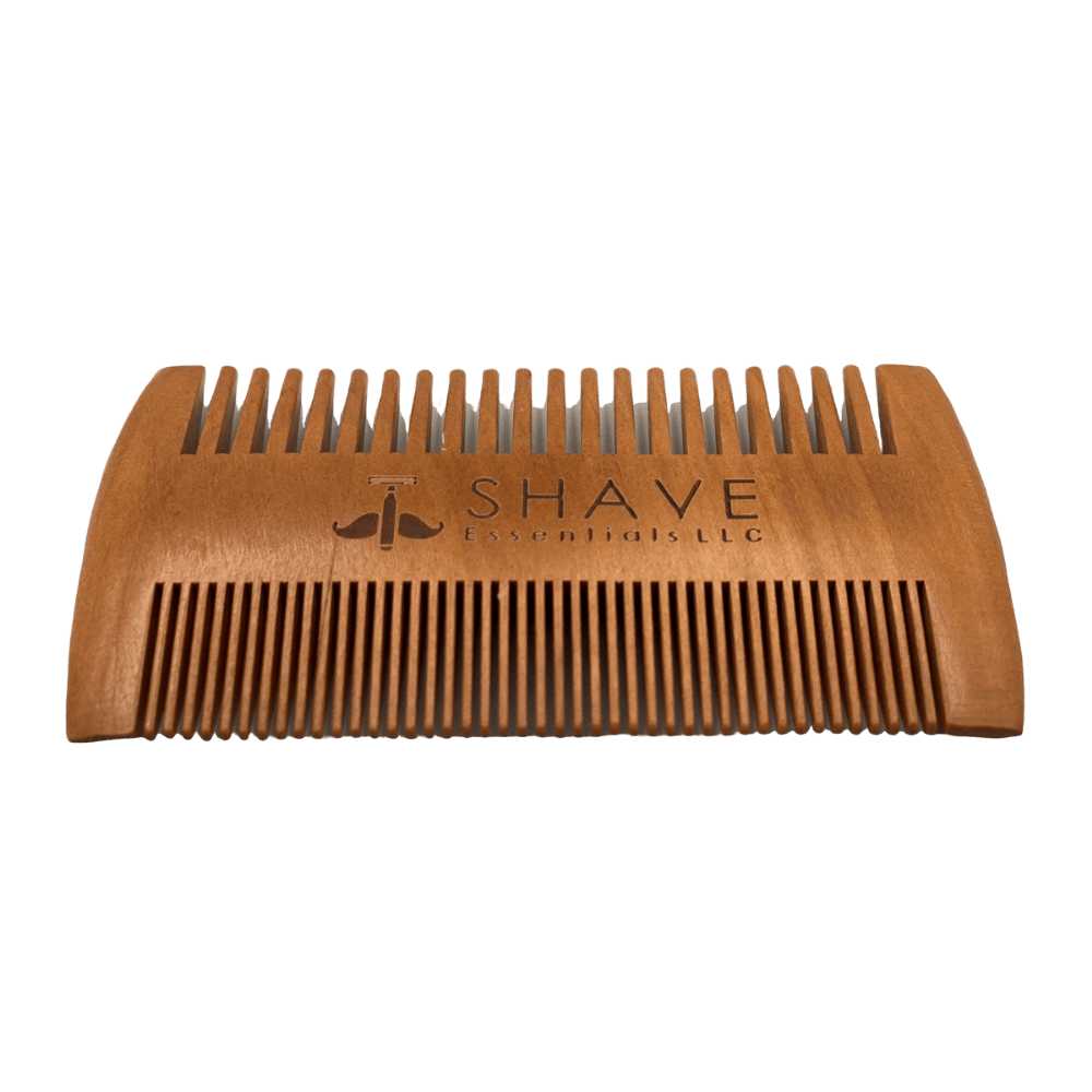 A wooden beard comb with an ergonomic design, showcasing its smooth finish and eco-friendly material, ideal for grooming beards without snagging.