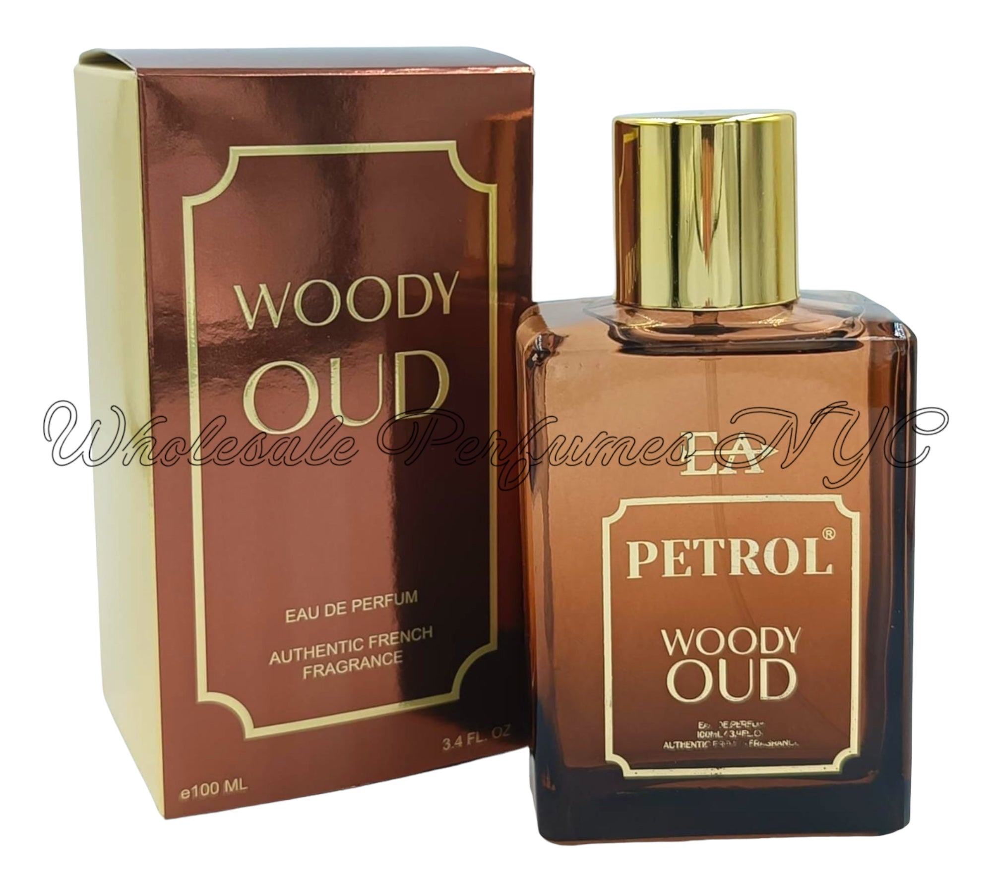 Woody Oud for Men Eau de Parfum 3.4oz bottle, elegantly designed with a modern aesthetic, showcasing its luxurious fragrance.