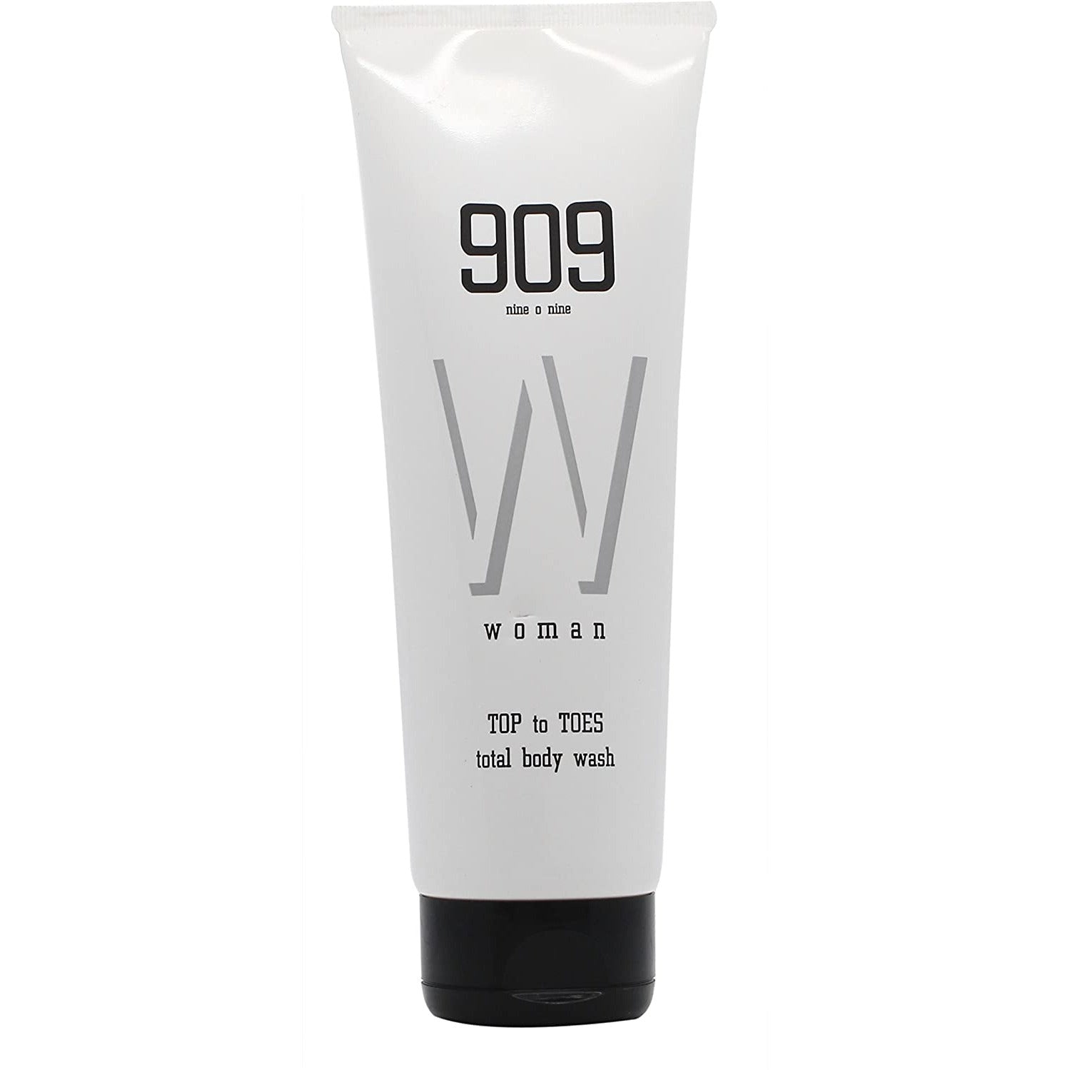 A bottle of 909 Top to Toes Woman Bath & Shower Gel with a sleek design, showcasing its refreshing formula for women.