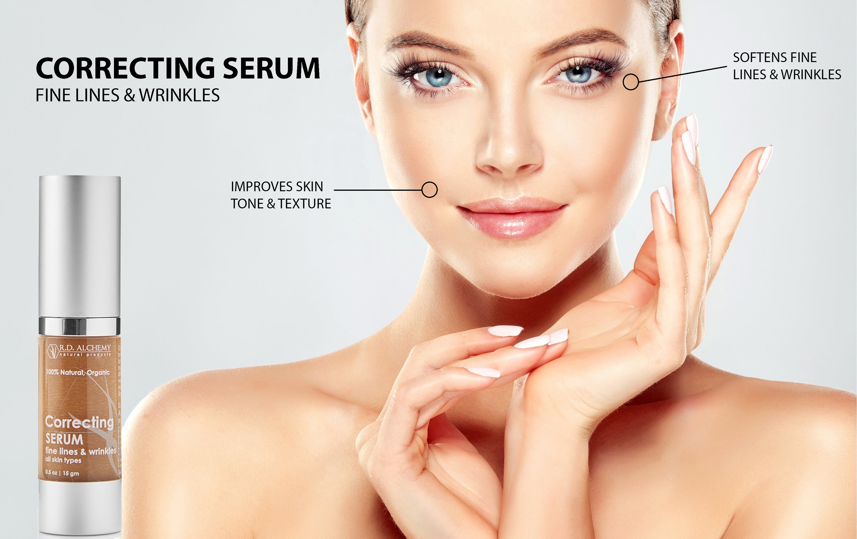 A bottle of Wrinkle and Line Correcting Serum with a sleek design, showcasing its anti-aging properties and hydrating benefits.