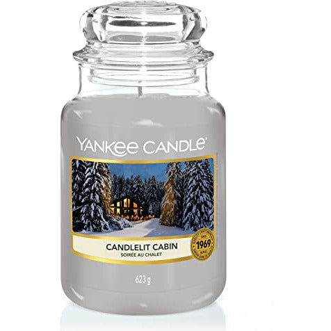 Yankee Candle Candlelit Cabin Candle in a large jar, featuring a rustic design and warm, inviting fragrance.