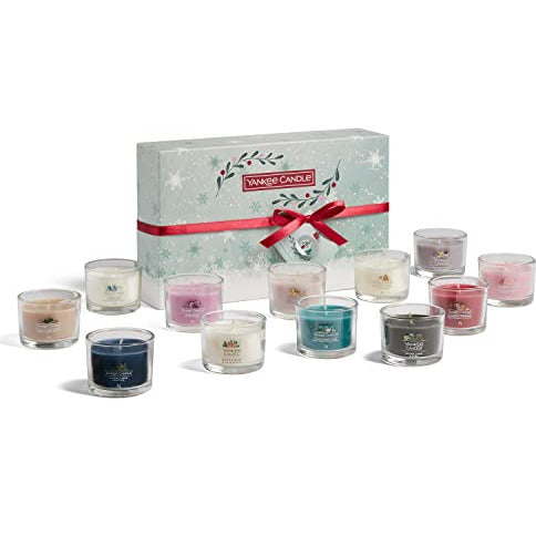 Yankee Candle Gift Set featuring 12 filled votive candles in assorted scents, elegantly packaged for gifting.