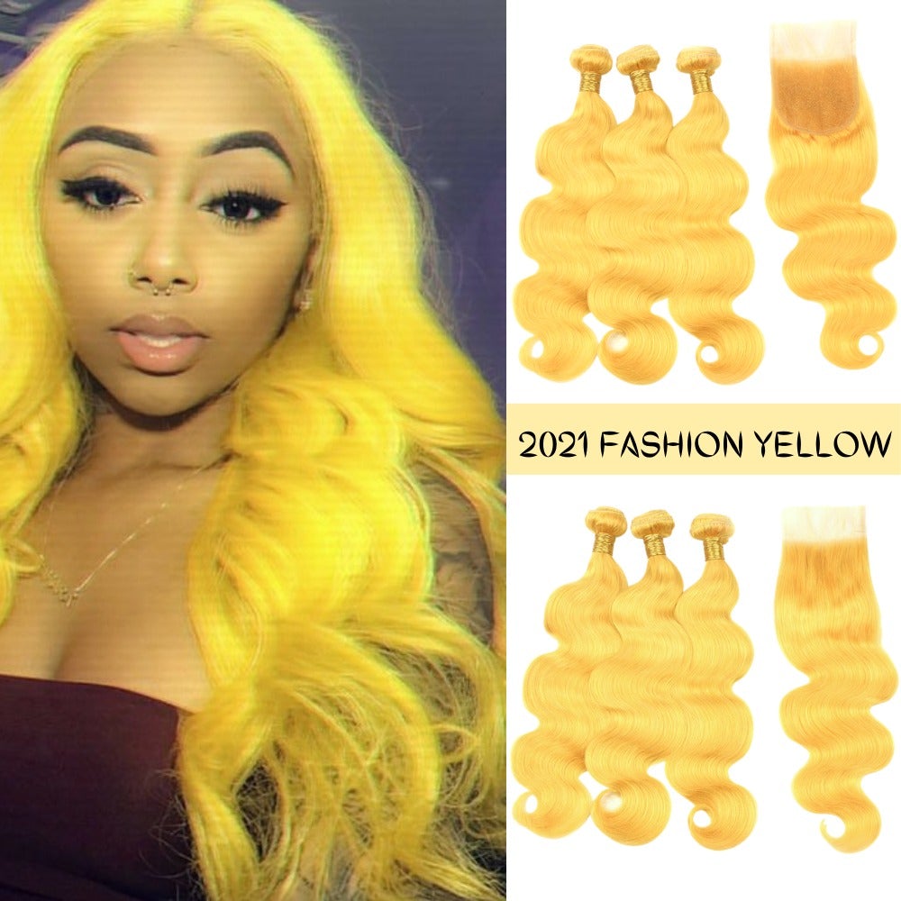 Vibrant yellow body wave hair bundles with closures, showcasing high-quality 10A grade human hair.