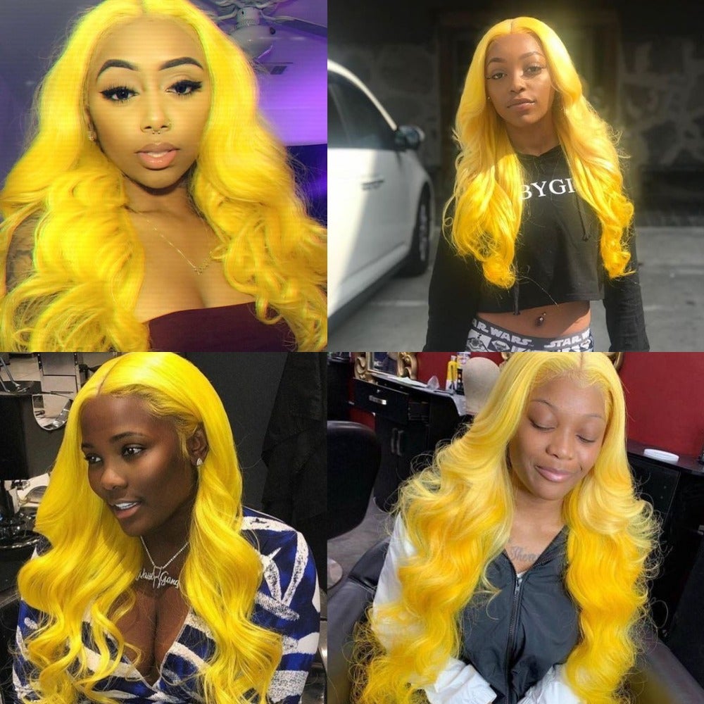 Vibrant yellow body wave hair bundles with closures, showcasing high-quality 10A grade human hair.