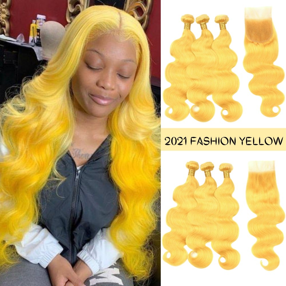 Vibrant yellow body wave hair bundles with closures, showcasing high-quality 10A grade human hair.