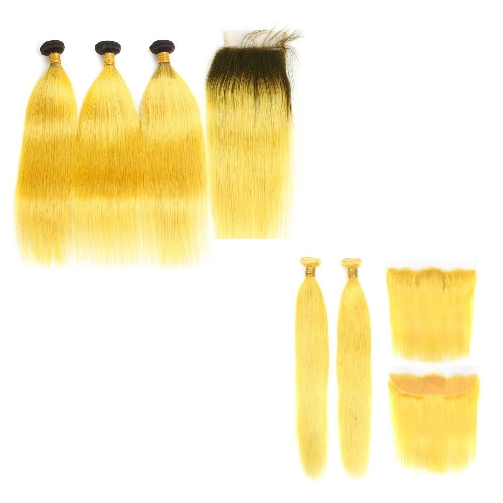 Vibrant #Yellow 10A Grade #1B/Yellow Straight hair bundles with closures and frontal, showcasing premium quality and texture.