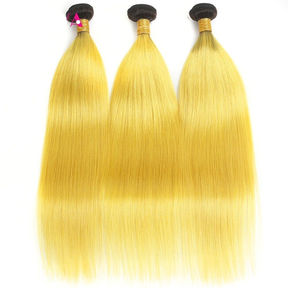 Vibrant #Yellow 10A Grade #1B/Yellow Straight hair bundles with closures and frontal, showcasing premium quality and texture.