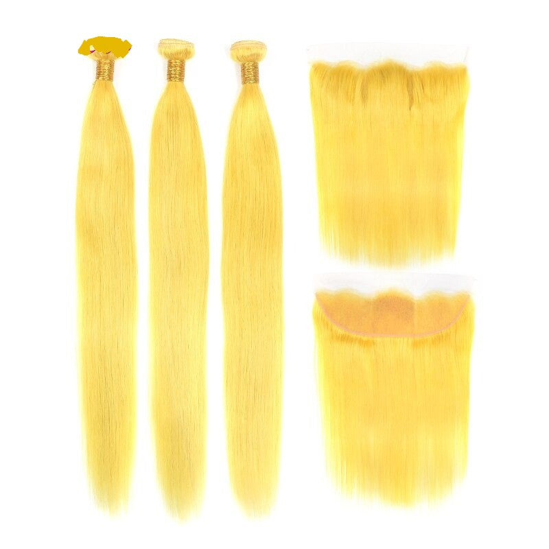 Vibrant #Yellow 10A Grade #1B/Yellow Straight hair bundles with closures and frontal, showcasing premium quality and texture.