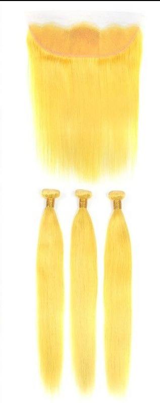 Vibrant #Yellow 10A Grade #1B/Yellow Straight hair bundles with closures and frontal, showcasing premium quality and texture.